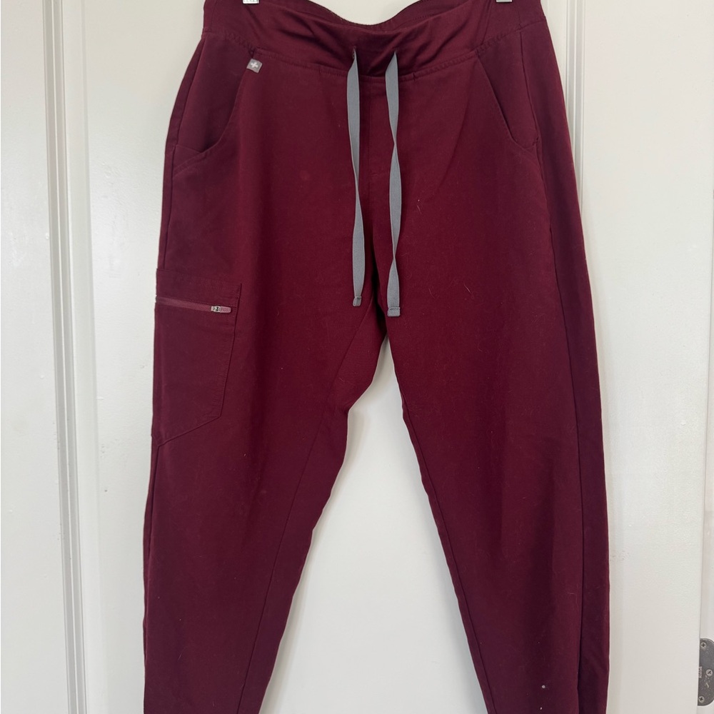Figs Women’s Maroon Jogger Scrub Pants with Gray Drawstrings